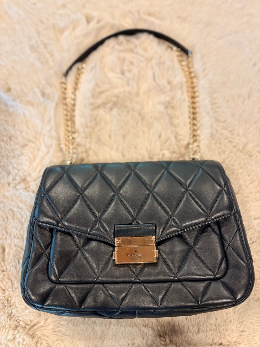 Quilted Black Leather Chain Shoulder Bag with Gold Hardware, Kate Spade
